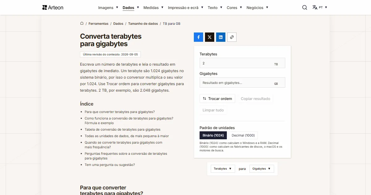 Captura de ecrã da ferramenta gratuita da Arteon: Converta terabytes para gigabytes