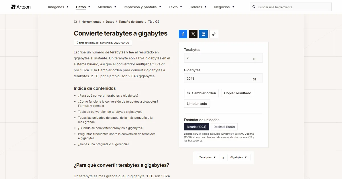 Captura de pantalla de la herramienta gratuita de Arteon: Convierte terabytes a gigabytes