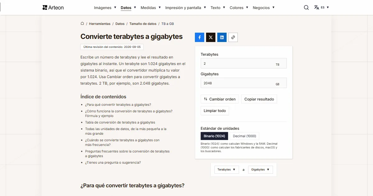 Captura de pantalla de la herramienta gratuita de Arteon: Convierte terabytes a gigabytes