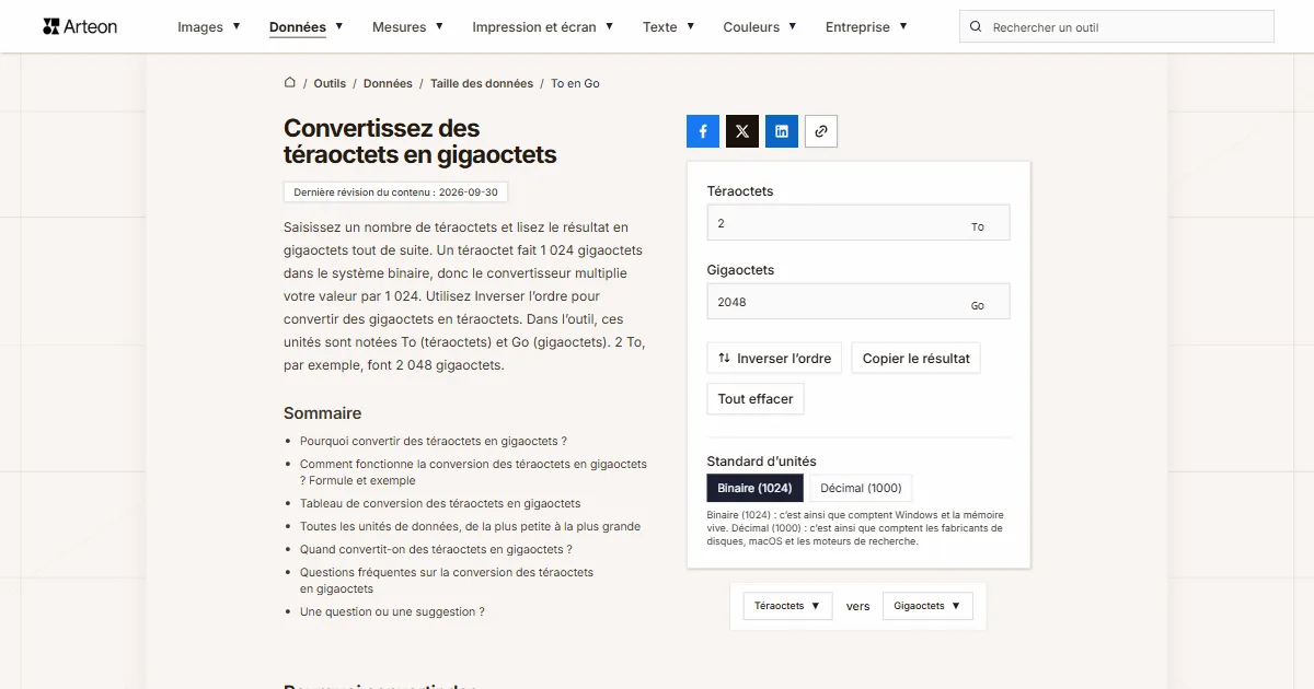 Capture d'écran de l'outil gratuit d'Arteon: Convertissez des téraoctets en gigaoctets
