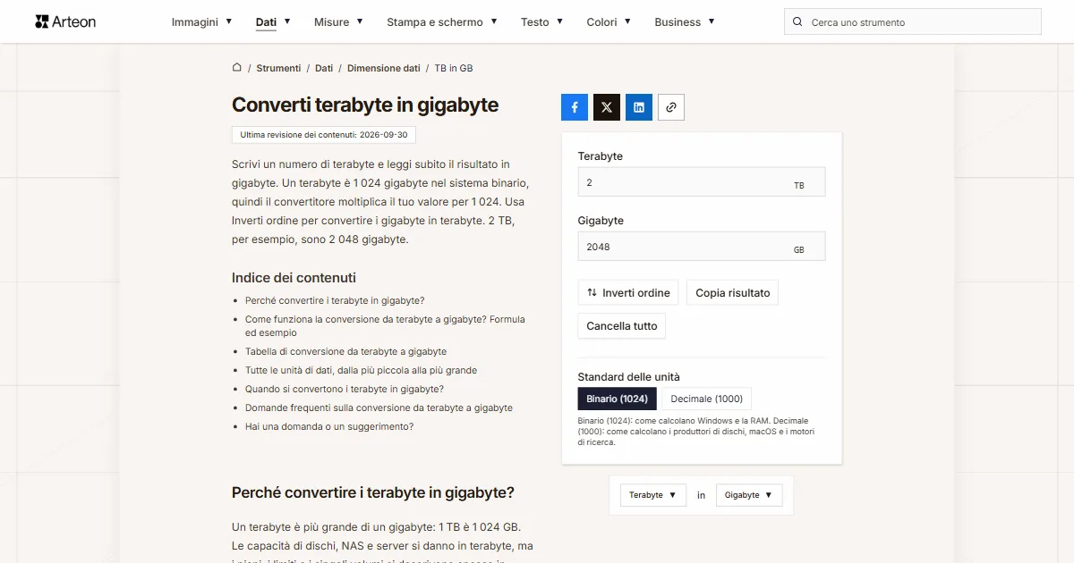 Screenshot dello strumento gratuito Arteon: Converti terabyte in gigabyte