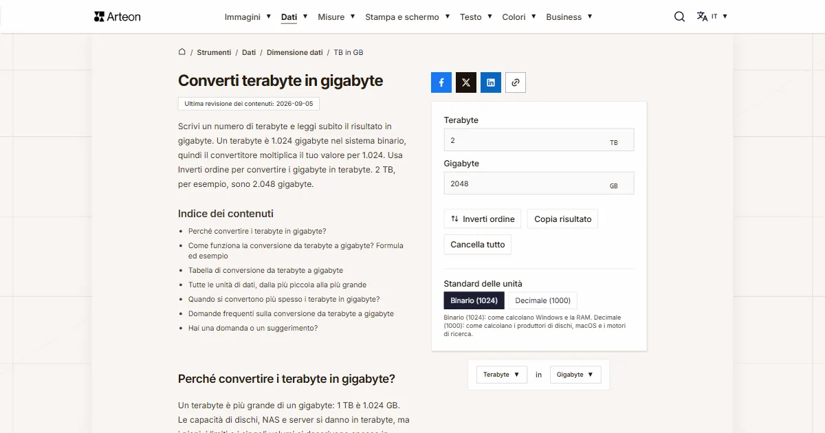Screenshot dello strumento gratuito Arteon: Converti terabyte in gigabyte