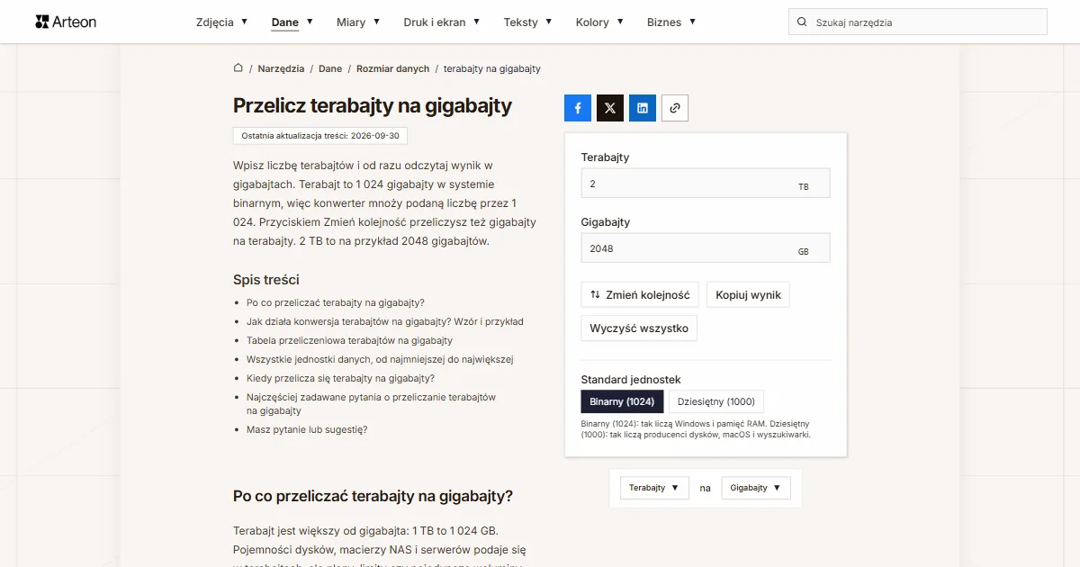 Zrzut ekranu darmowego narzędzia Arteon: Przelicz terabajty na gigabajty