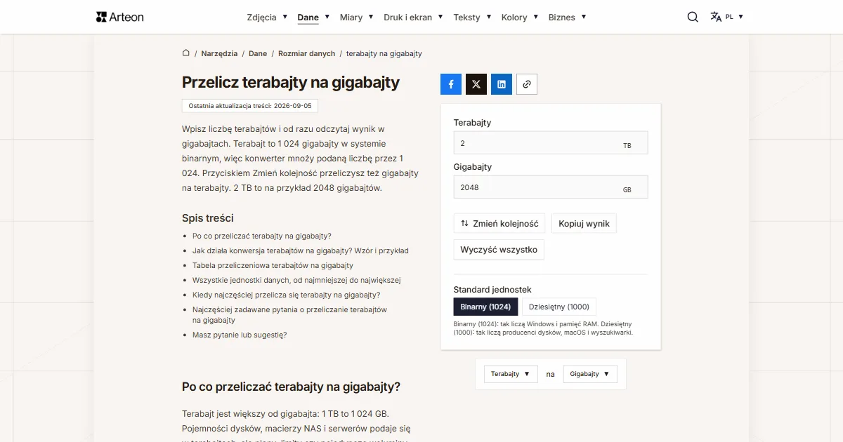 Zrzut ekranu darmowego narzędzia Arteon: Przelicz terabajty na gigabajty