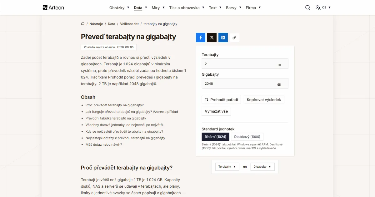 Snímek obrazovky bezplatného nástroje Arteon: Převeď terabajty na gigabajty