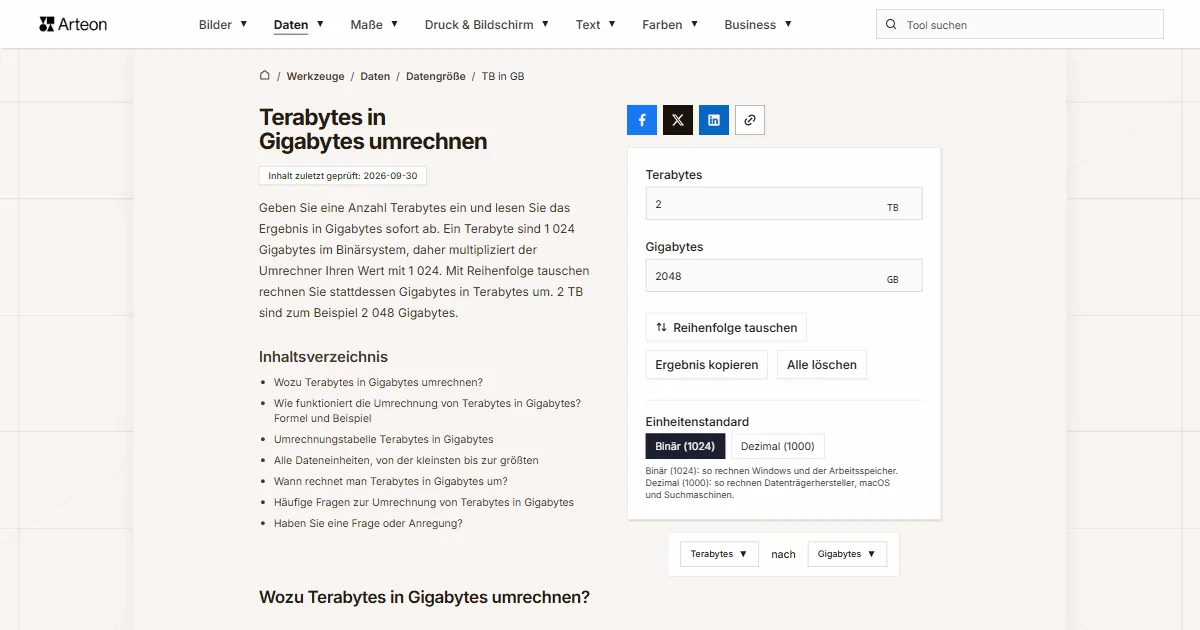 Screenshot des kostenlosen Arteon-Werkzeugs: Terabytes in Gigabytes umrechnen