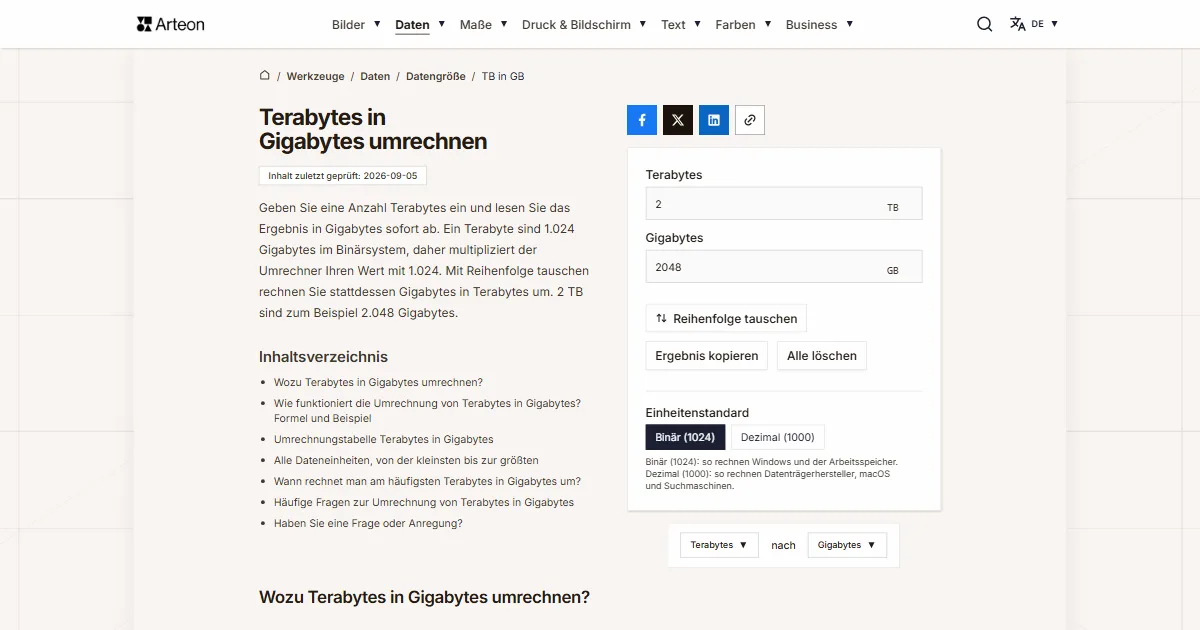 Screenshot des kostenlosen Arteon-Werkzeugs: Terabytes in Gigabytes umrechnen