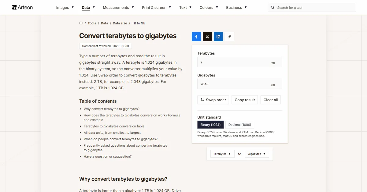 Arteon free tool screenshot: Convert terabytes to gigabytes