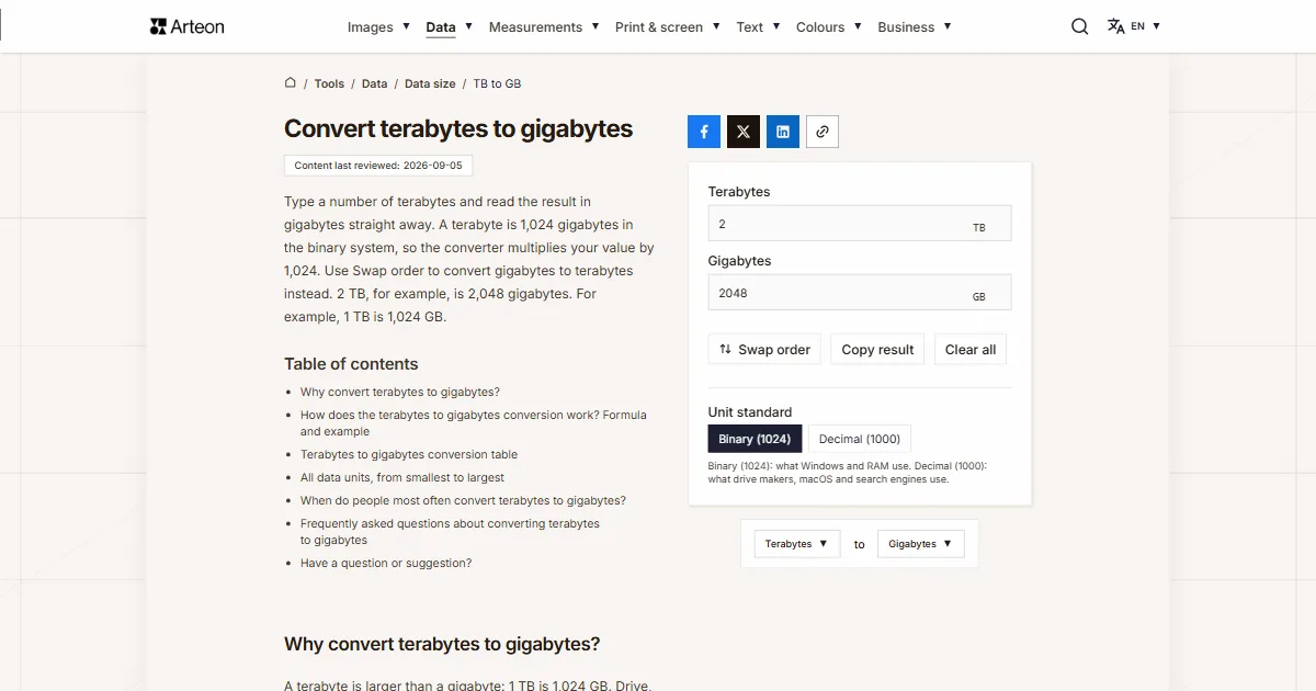 Arteon free tool screenshot: Convert terabytes to gigabytes