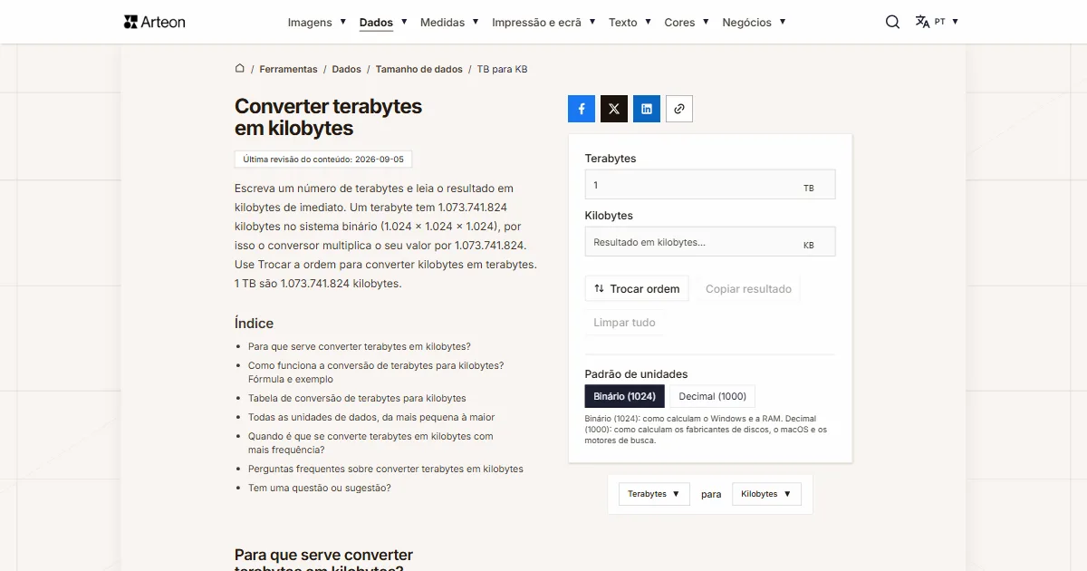 Captura de ecrã da ferramenta gratuita da Arteon: Converter terabytes em kilobytes