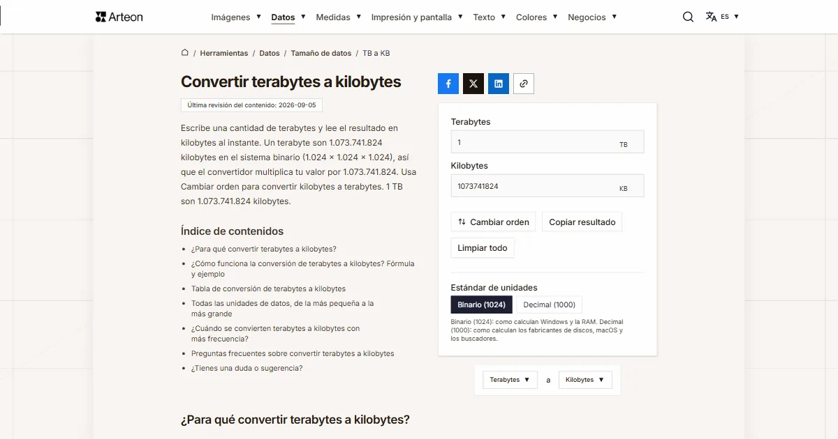 Captura de pantalla de la herramienta gratuita de Arteon: Convertir terabytes a kilobytes