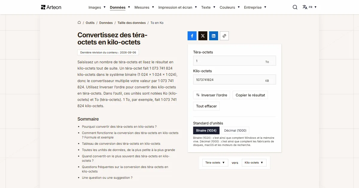 Capture d'écran de l'outil gratuit d'Arteon: Convertissez des téra-octets en kilo-octets