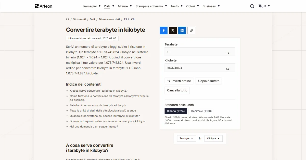 Screenshot dello strumento gratuito Arteon: Convertire terabyte in kilobyte