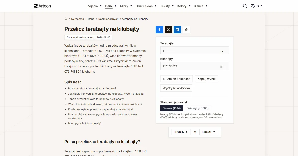 Zrzut ekranu darmowego narzędzia Arteon: Przelicz terabajty na kilobajty