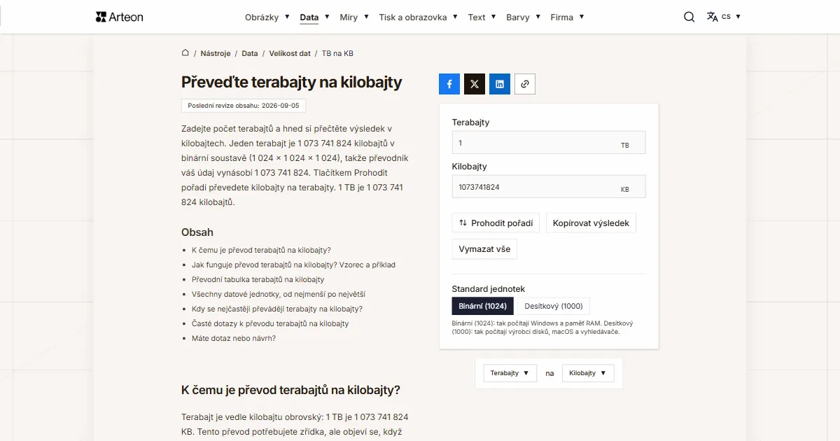 Snímek obrazovky bezplatného nástroje Arteon: Převeďte terabajty na kilobajty