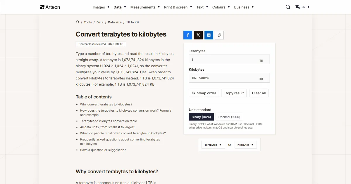 Arteon free tool screenshot: Convert terabytes to kilobytes