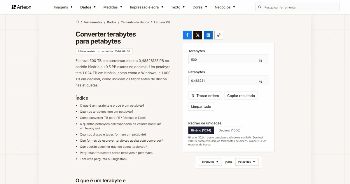 Captura de ecrã da ferramenta gratuita da Arteon: Converter terabytes para petabytes