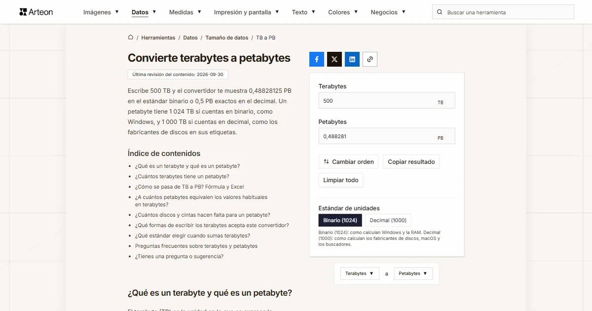 Captura de pantalla de la herramienta gratuita de Arteon: Convierte terabytes a petabytes