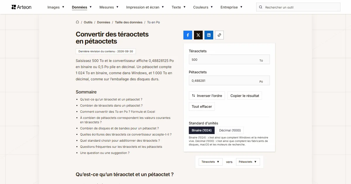 Capture d'écran de l'outil gratuit d'Arteon: Convertir des téraoctets en pétaoctets