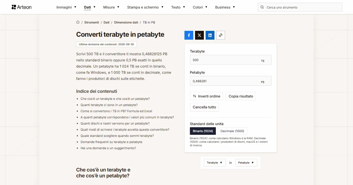 Screenshot dello strumento gratuito Arteon: Converti terabyte in petabyte