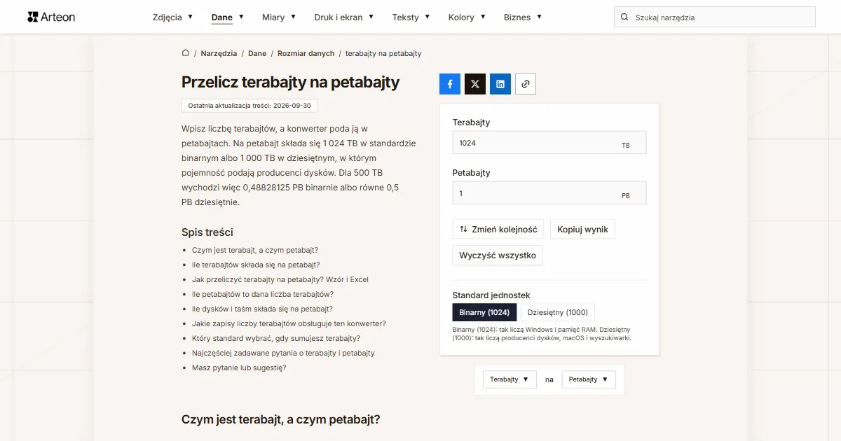 Zrzut ekranu darmowego narzędzia Arteon: Przelicz terabajty na petabajty