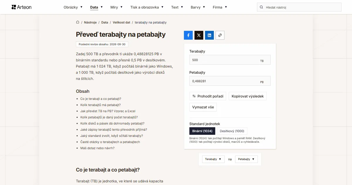 Snímek obrazovky bezplatného nástroje Arteon: Převeď terabajty na petabajty