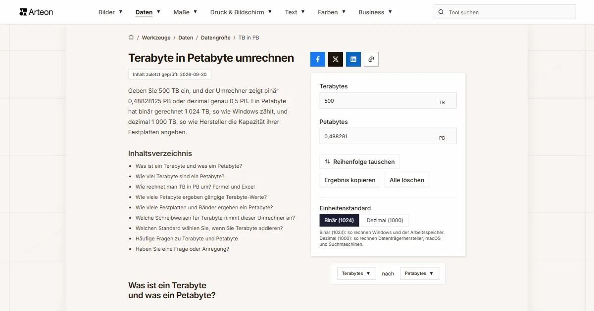 Screenshot des kostenlosen Arteon-Werkzeugs: Terabyte in Petabyte umrechnen