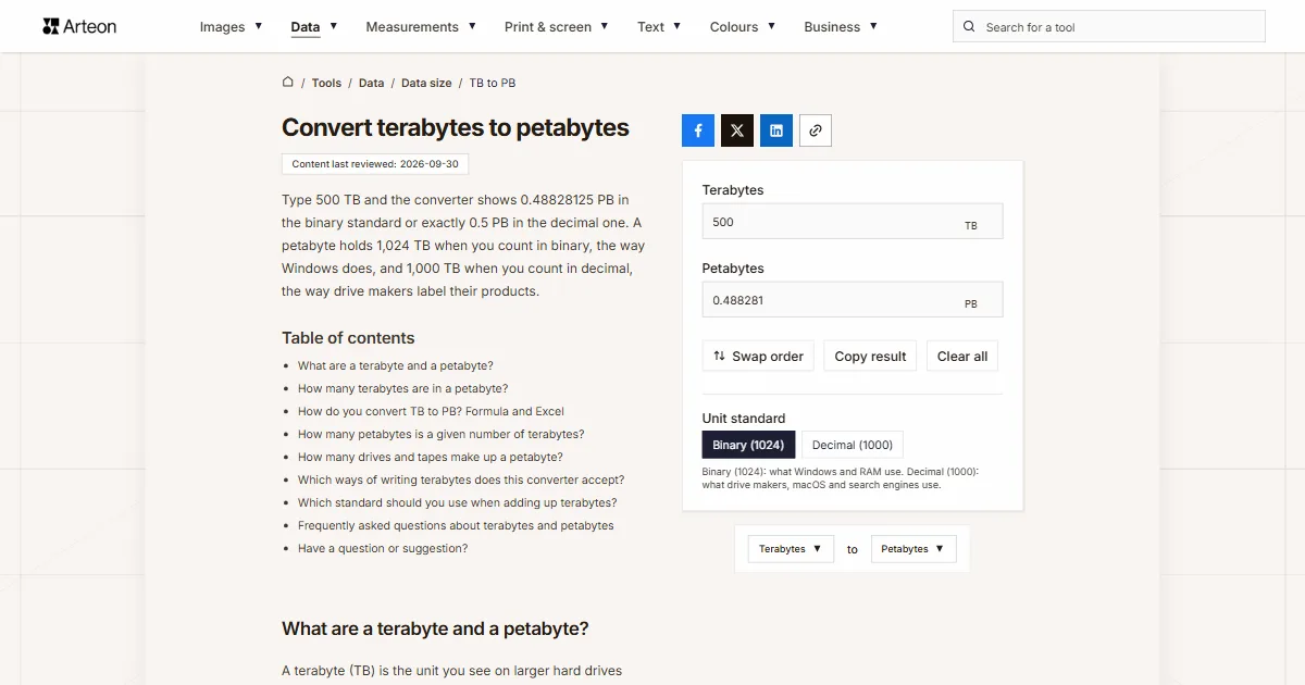 Arteon free tool screenshot: Convert terabytes to petabytes