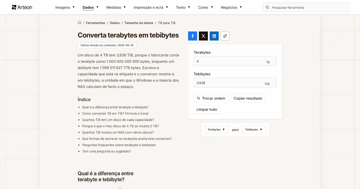 Captura de ecrã da ferramenta gratuita da Arteon: Converta terabytes em tebibytes