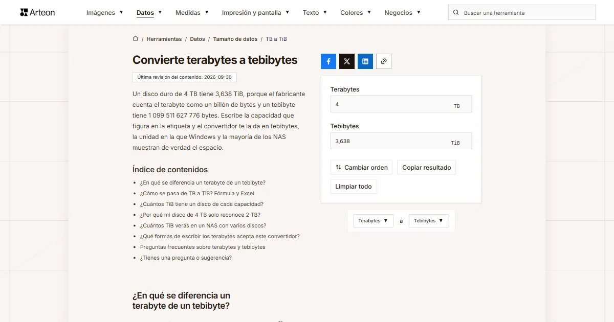 Captura de pantalla de la herramienta gratuita de Arteon: Convierte terabytes a tebibytes