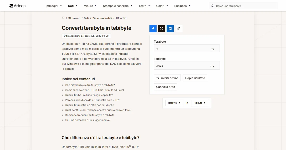 Screenshot dello strumento gratuito Arteon: Converti terabyte in tebibyte