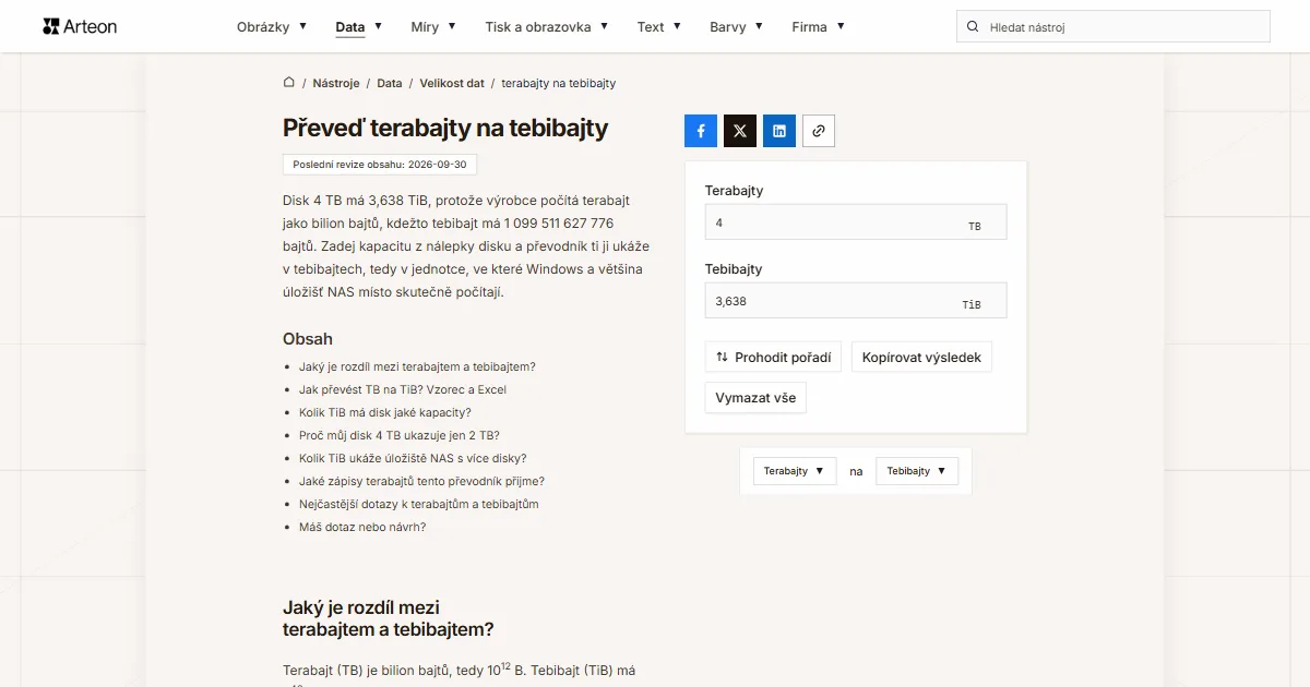 Snímek obrazovky bezplatného nástroje Arteon: Převeď terabajty na tebibajty