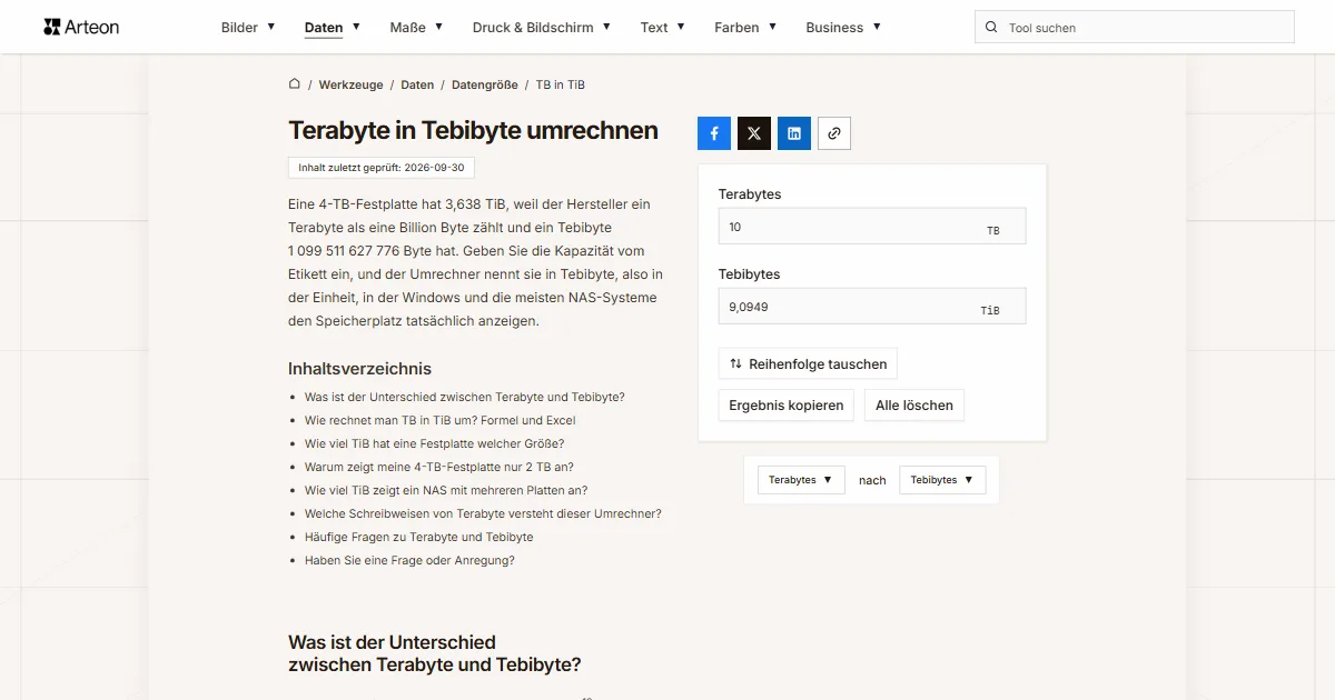 Screenshot des kostenlosen Arteon-Werkzeugs: Terabyte in Tebibyte umrechnen