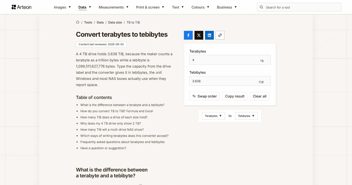 Arteon free tool screenshot: Convert terabytes to tebibytes