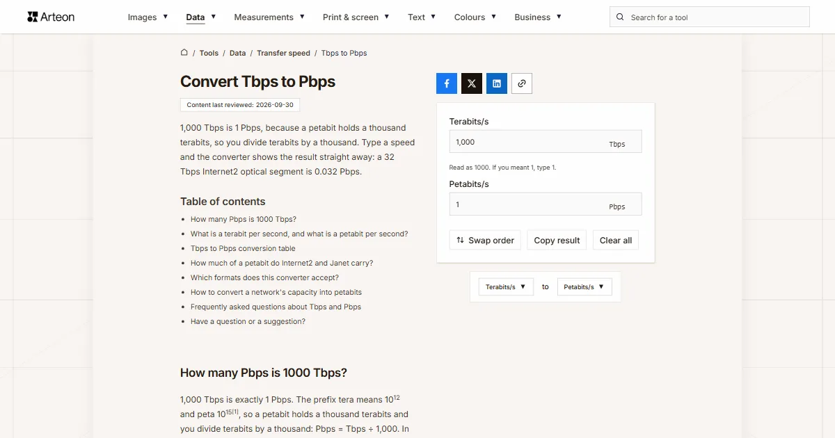 Arteon free tool screenshot: Convert Tbps to Pbps