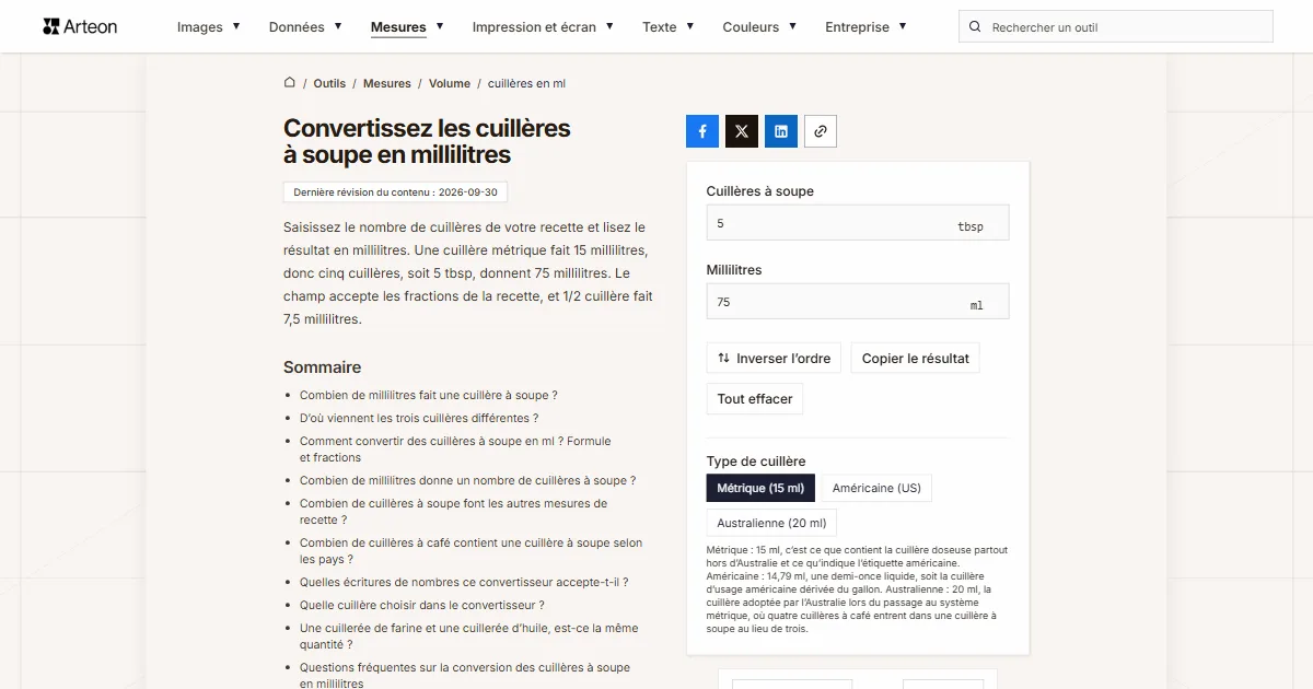 Capture d'écran de l'outil gratuit d'Arteon: Convertissez les cuillères à soupe en millilitres