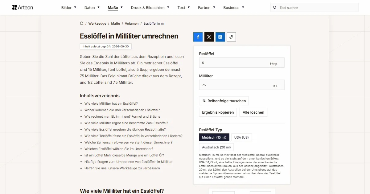 Screenshot des kostenlosen Arteon-Werkzeugs: Esslöffel in Milliliter umrechnen