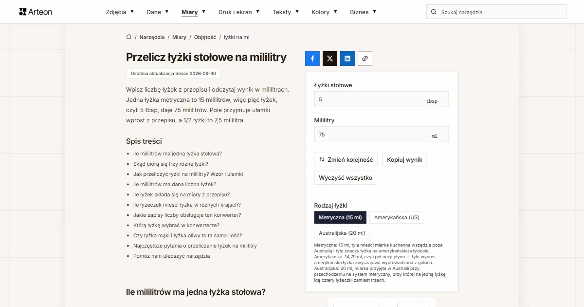 Zrzut ekranu darmowego narzędzia Arteon: Przelicz łyżki stołowe na mililitry