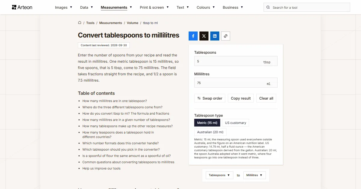 Arteon free tool screenshot: Convert tablespoons to millilitres