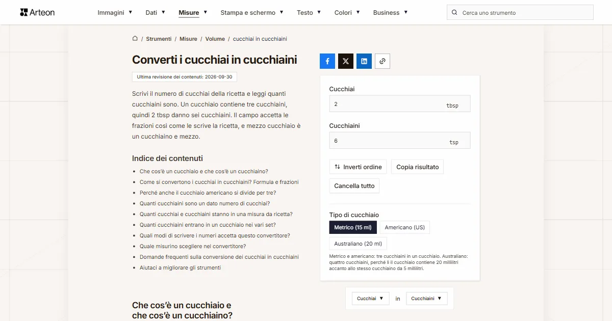Screenshot dello strumento gratuito Arteon: Converti i cucchiai in cucchiaini