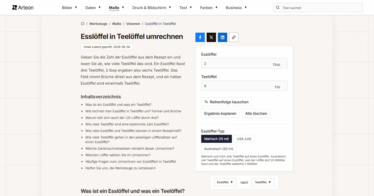 Screenshot des kostenlosen Arteon-Werkzeugs: Esslöffel in Teelöffel umrechnen