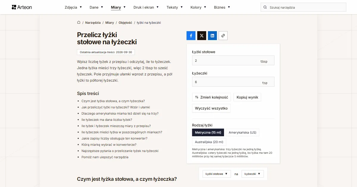Zrzut ekranu darmowego narzędzia Arteon: Przelicz łyżki stołowe na łyżeczki