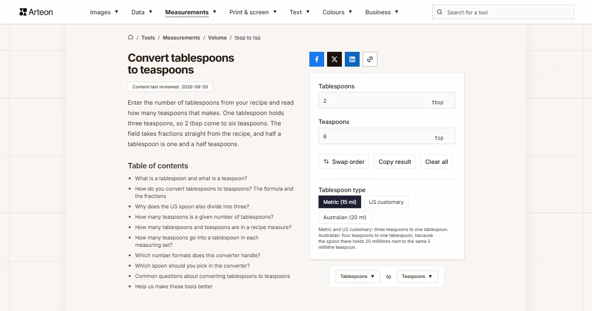 Arteon free tool screenshot: Convert tablespoons to teaspoons