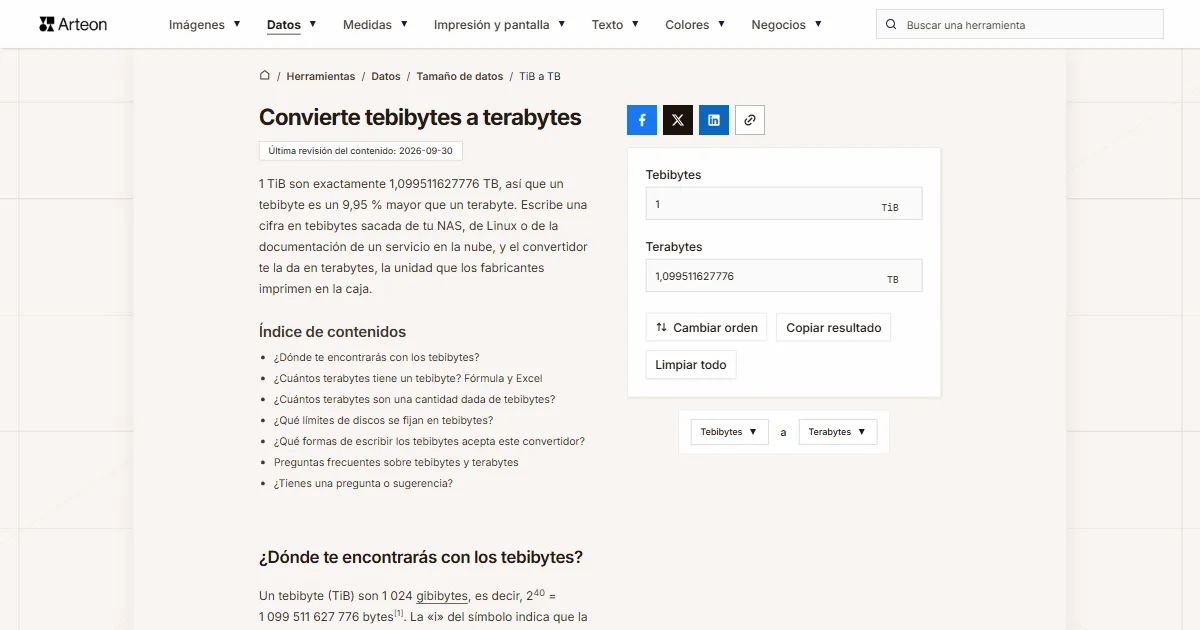 Captura de pantalla de la herramienta gratuita de Arteon: Convierte tebibytes a terabytes