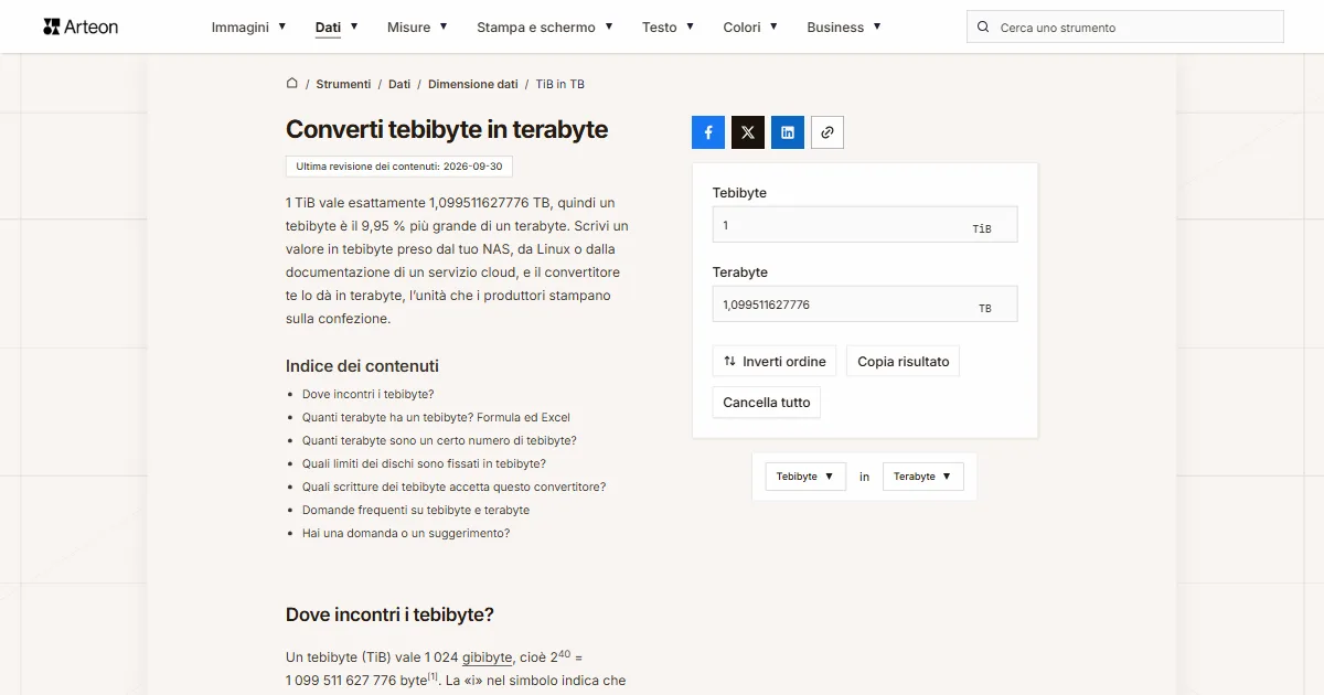 Screenshot dello strumento gratuito Arteon: Converti tebibyte in terabyte