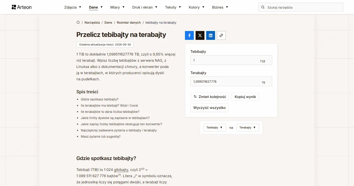 Zrzut ekranu darmowego narzędzia Arteon: Przelicz tebibajty na terabajty