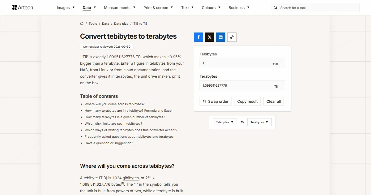 Arteon free tool screenshot: Convert tebibytes to terabytes