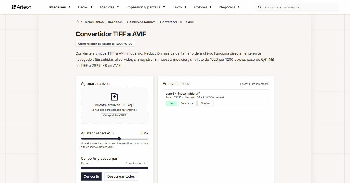 Captura de pantalla de la herramienta gratuita de Arteon: Convertidor TIFF a AVIF