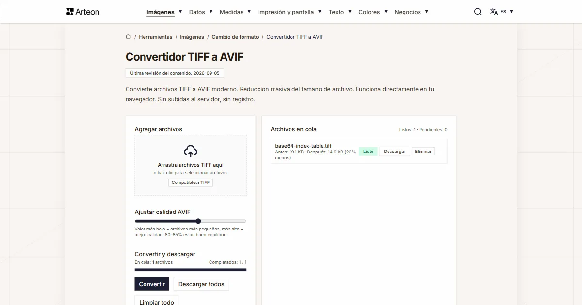 Captura de pantalla de la herramienta gratuita de Arteon: Convertidor TIFF a AVIF