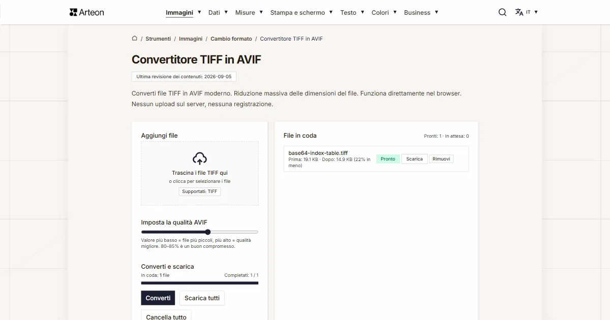 Screenshot dello strumento gratuito Arteon: Convertitore TIFF in AVIF